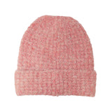 Pink textured beanie with turnover cuff on a white background
