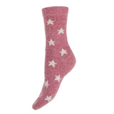 Pink sock with white star patterns on a white background