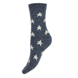 Blue sock with star patterns on a white background