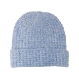 Blue knit beanie on a white background