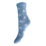 Blue sock with white star patterns on a white background