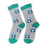 Grey bamboo socks with green heel toe and cuff, Panda bear motif, size 4-7