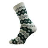 Cream mens wool socks with green diamond pattern, size 7-11