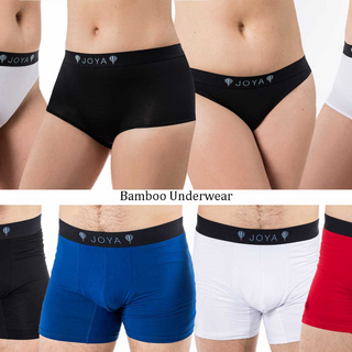Six pairs of JOYA Bamboo Underwear boxer briefs shown on cropped male models, arranged in two rows against a white background. The underwear comes in white, black, blue, and red, each with a black waistband featuring the JOYA brand name and logo.