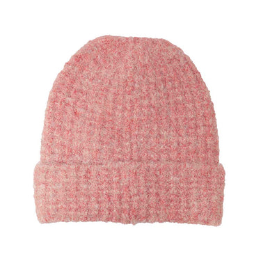 Pink textured beanie with turnover cuff on a white background
