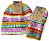 A knitted beanie and matching glove set with colorful Fair Isle stripes in pink, blue, green, yellow, and red, each with a brown paper hangtag reading GEMJAR.