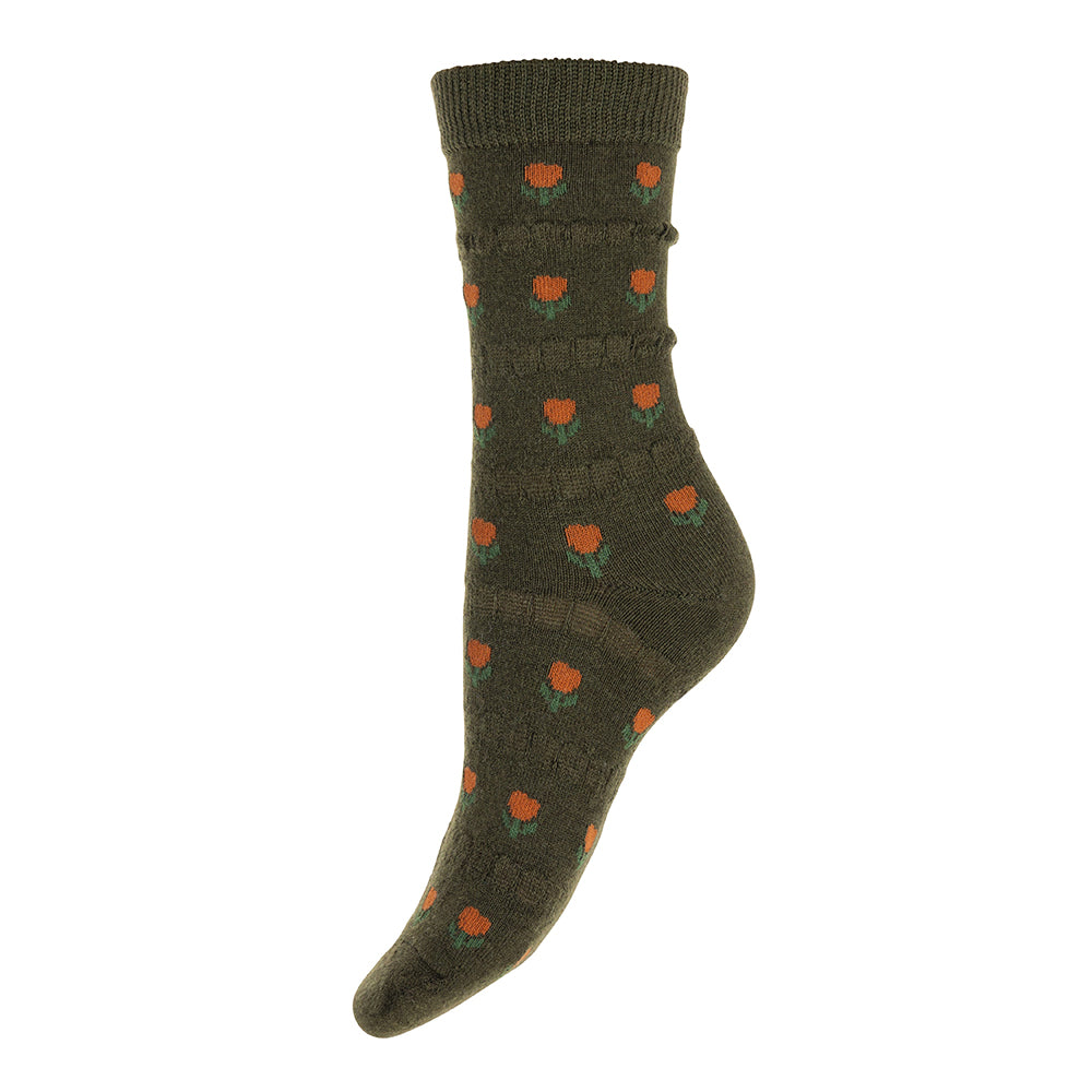 Dark green wool blend socks with tulips