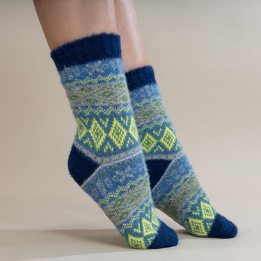 Dark blue and yellow Scandi patterned soft Wool Blend socks