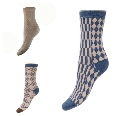 3 pairs of Fawn and blue wool blend socks