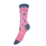Pink socks with contrasting navy heel toe and cuff with seashells, palm tree and boat motifs