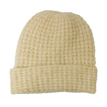 Beige knit beanie on a white background