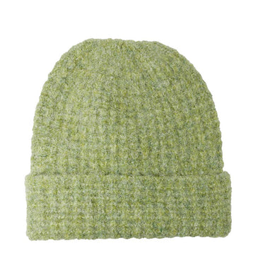 Green knit beanie on a white background