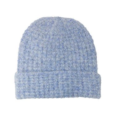 Blue knit beanie on a white background
