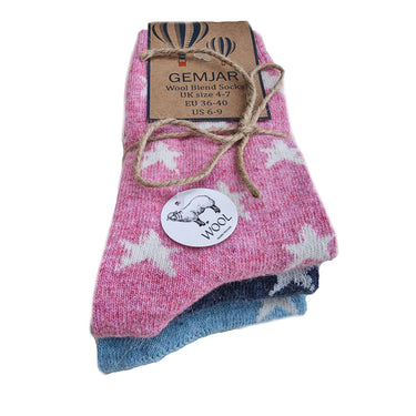 Pack of 3 pink and blue socks with white stars on a white background