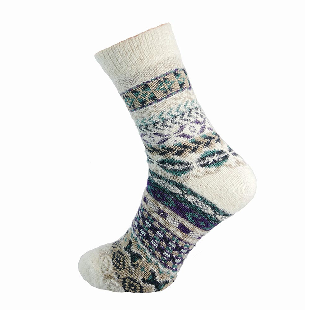 Cream, teal and purple Nordic patterned Wool Blend socks