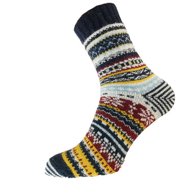 Blue, yellow and burgundy Nordic patterned wool blend socks