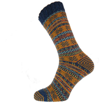 Mustard and blue Nordic patterned wool blend socks