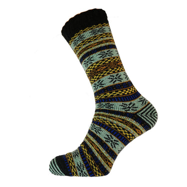 Black, blue and yellow Nordic patterned wool blend socks