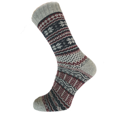 Grey, burgundy and blue Nordic patterned wool blend socks