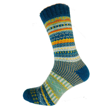 Teal, green and yellow Nordic patterned wool blend socks