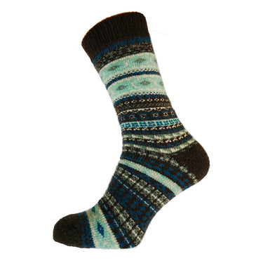 Brown and pale green Nordic patterned wool blend socks