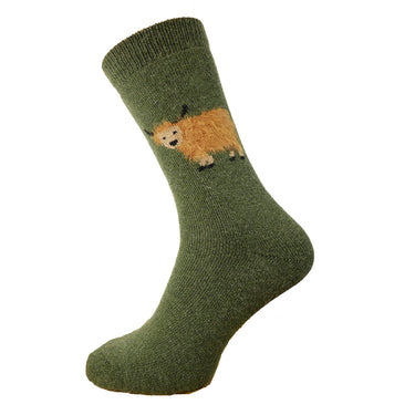 Green wool socks with fluffy cow