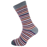 Striped sock with blue, burgundy , and grey striped pattern on a white background