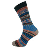 Multicolored patterned sock on a white background