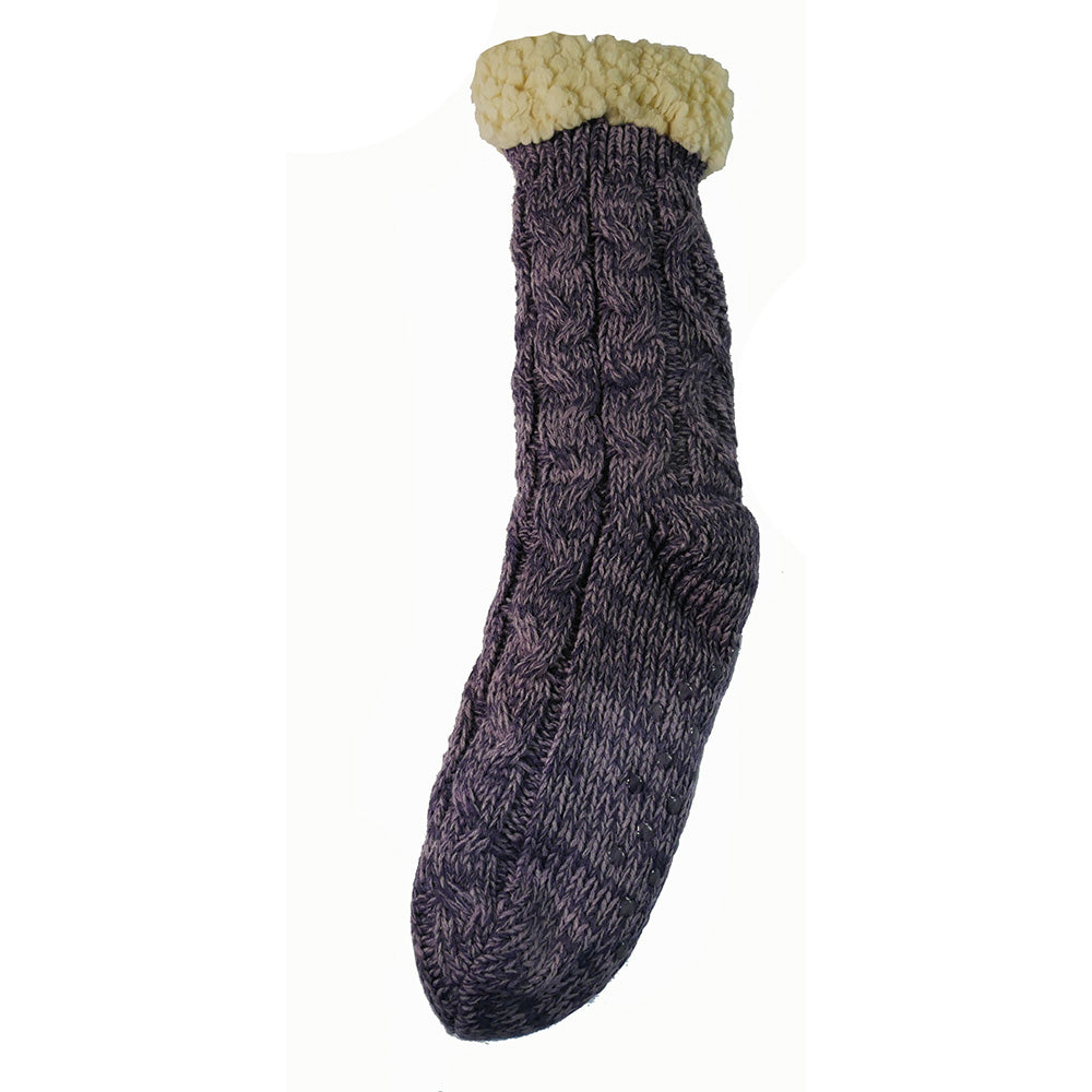 Purple fleece lined cable knit slipper socks