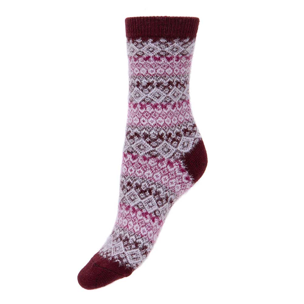 Dark pink and white soft wool blend patterned socks