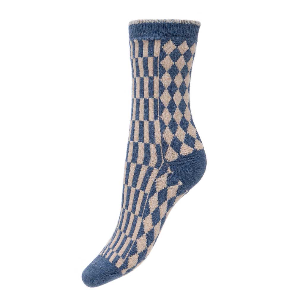Blue and cream wool blend geometric patterned socks
