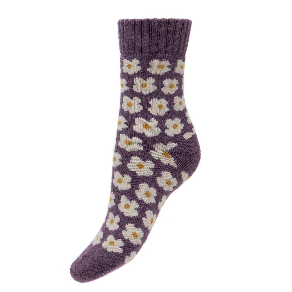 Thick purple wool blend socks with ribbed cuff and Daisies