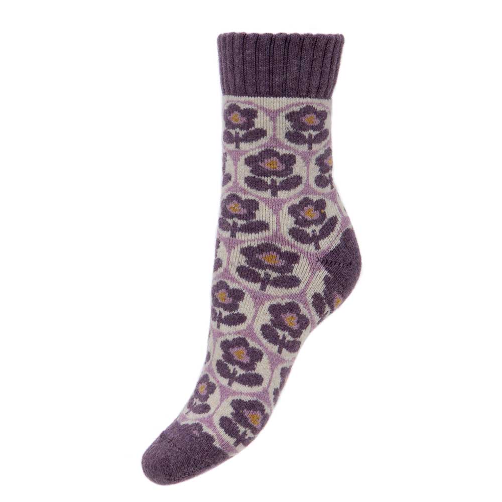 Thick cream and purple wool blend socks with ribbed cuff and flowers