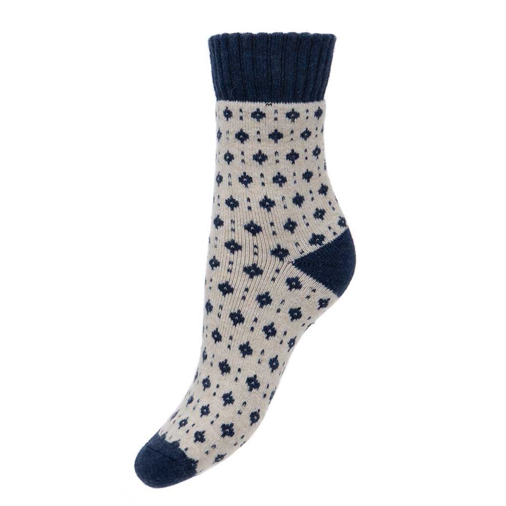 Thick cream and blue wool blend socks with ribbed cuff