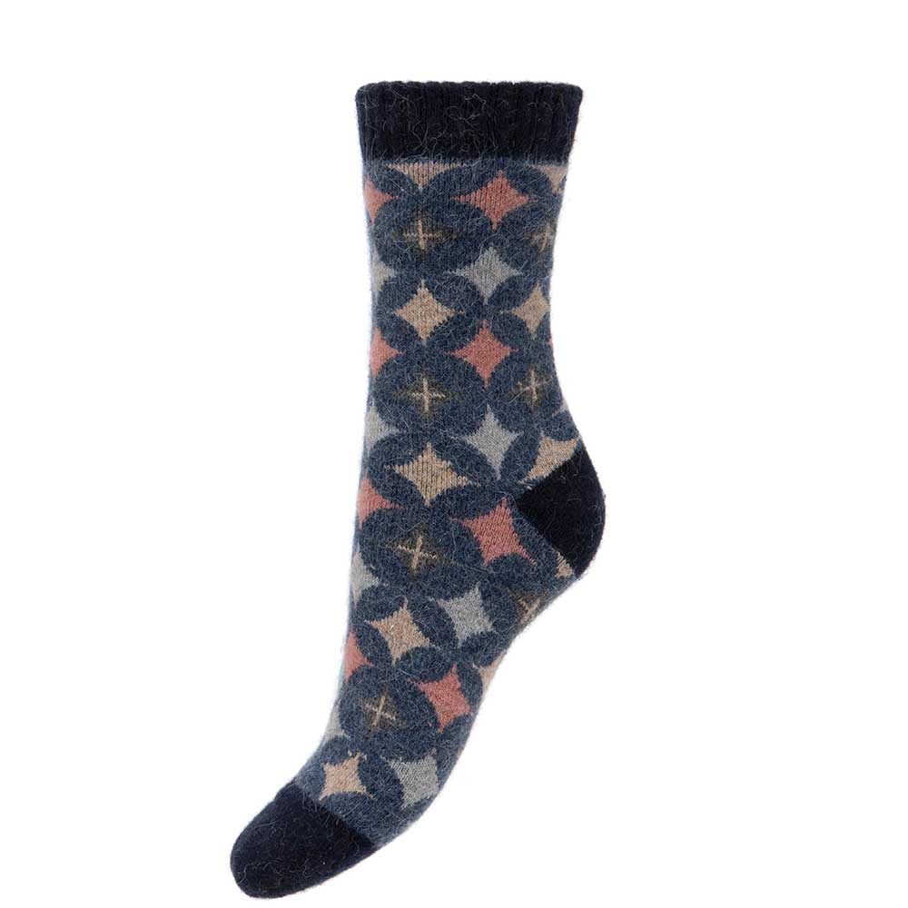 Thick blue wool blend socks with ribbed cuff pink and grey diamonds
