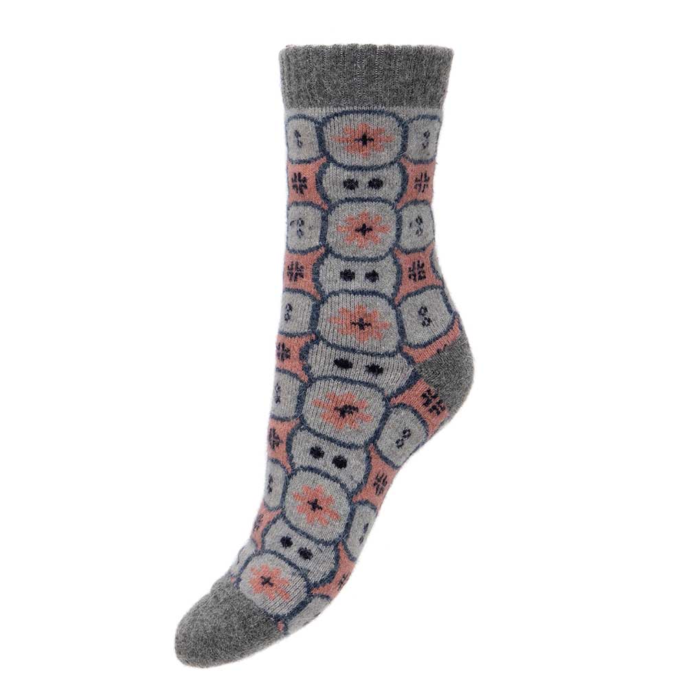 Light grey and pink wool blend socks with ribbed cuff and circle pattern