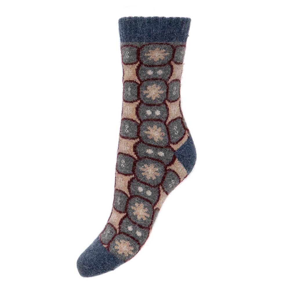 Fawn and dark grey wool blend socks with ribbed cuff and circle pattern