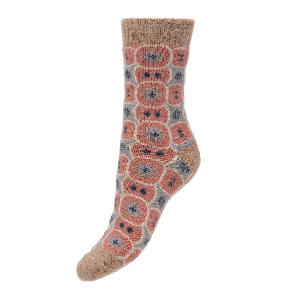 Fawn and pink wool blend socks with ribbed cuff and circle pattern
