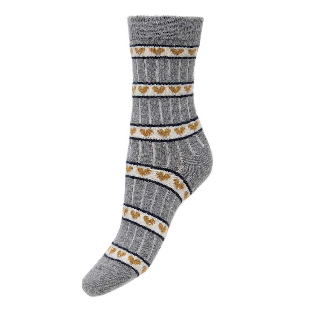 Grey ribbed, fine knit Wool Blend Socks with hearts