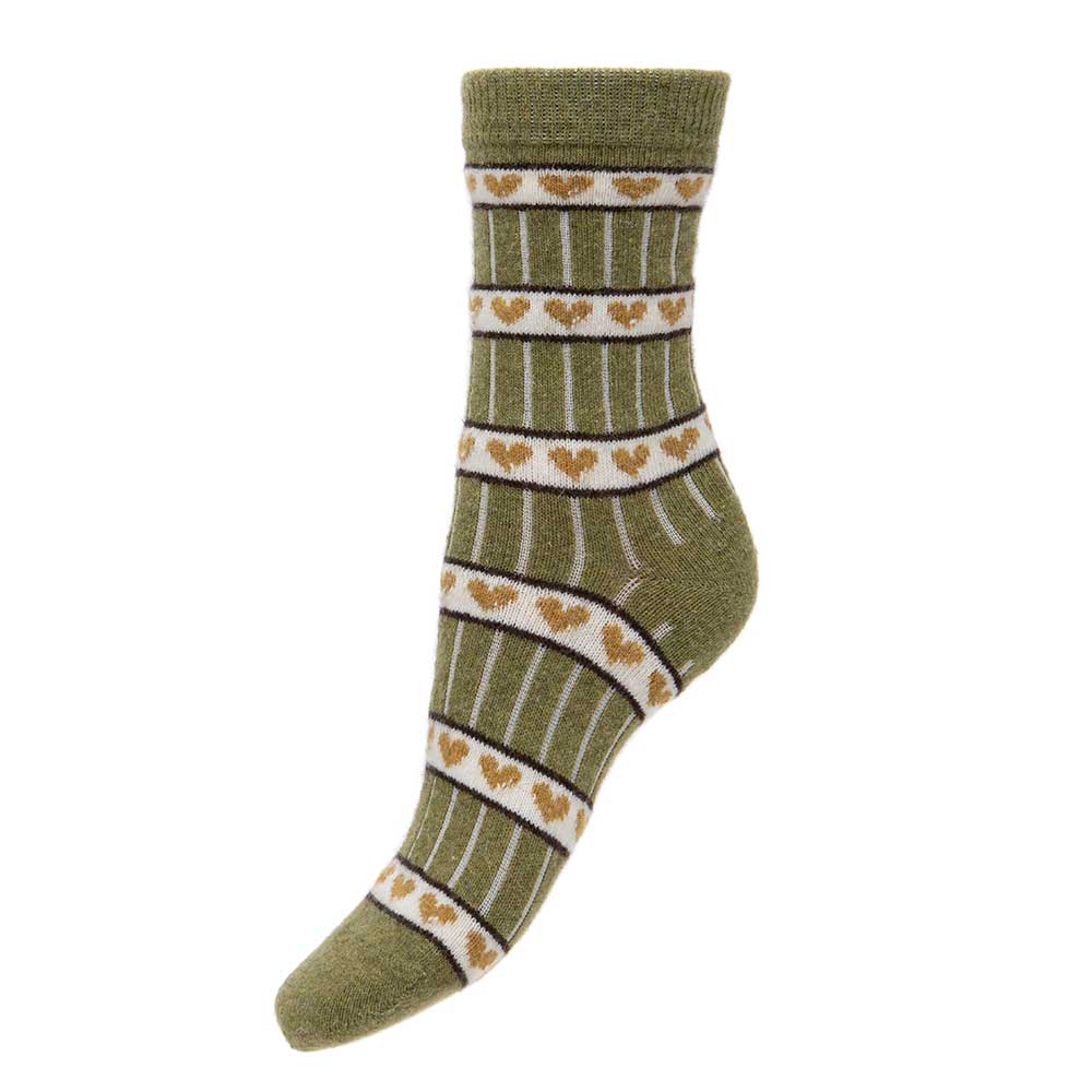 Sage green ribbed, fine knit Wool Blend Socks with hearts