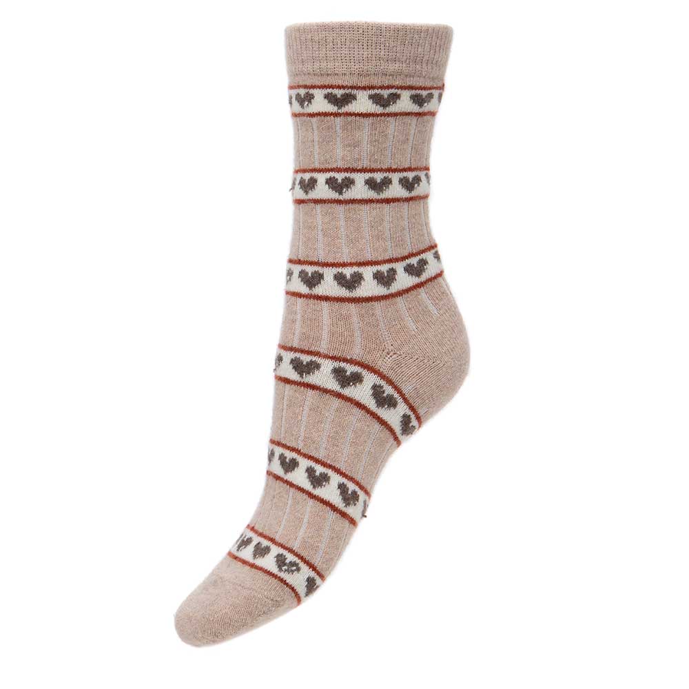 Fawn ribbed, fine knit Wool Blend Socks with hearts