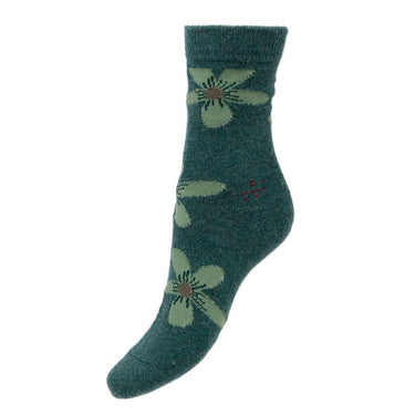 Dark green wool blend socks with teal flowers