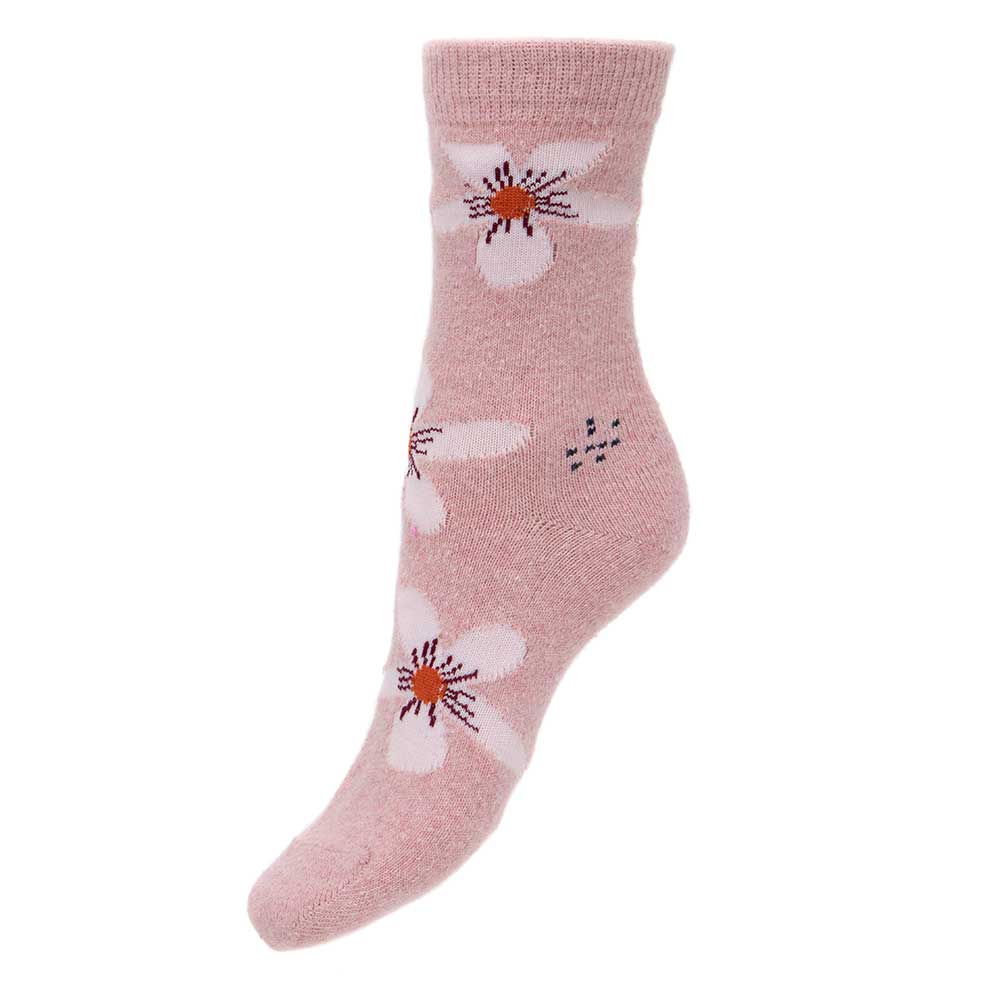 Pink wool blend socks with pale pink flowers