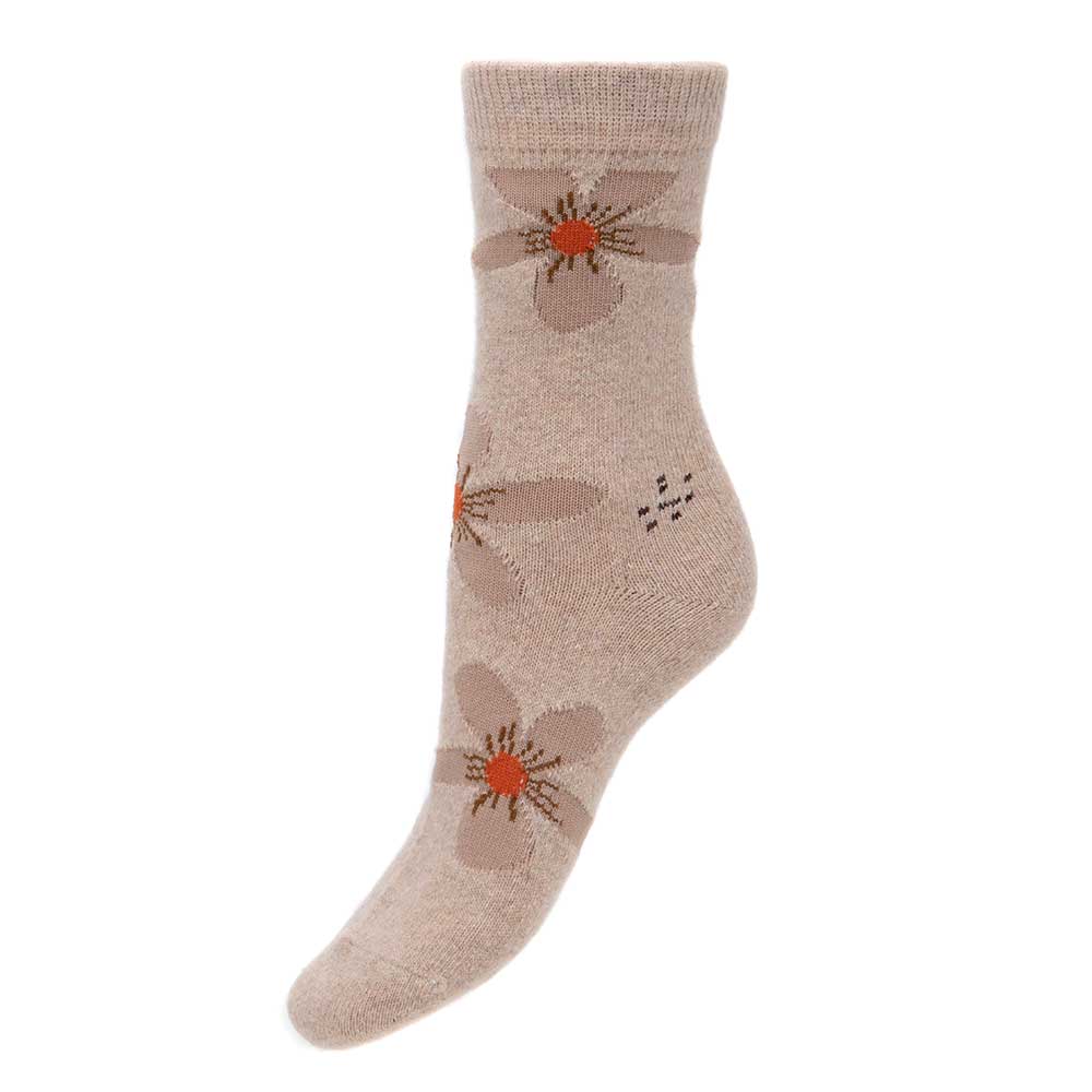 Fawn wool blend socks with pale pink flowers