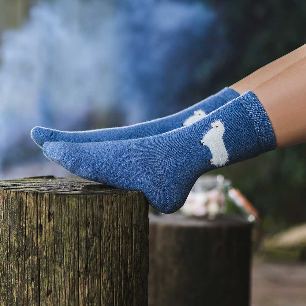Thick wool blend dark blue socks with cream fluffy sheep