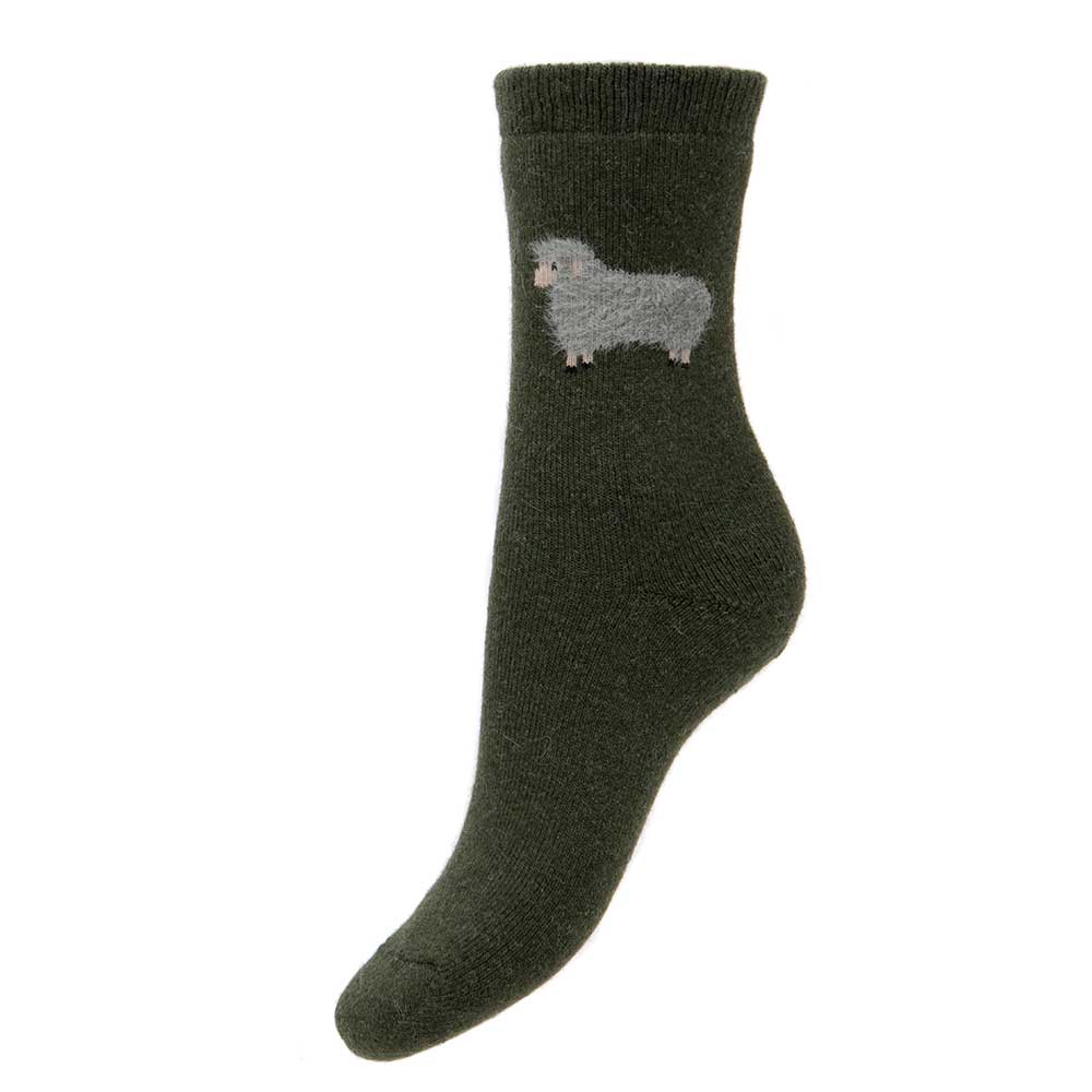 Thick wool blend dark green socks with grey fluffy sheep