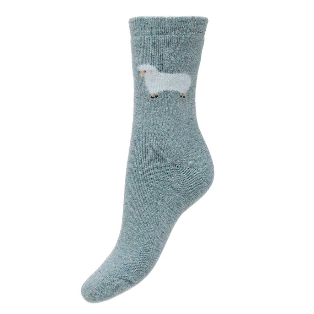 Thick wool blend light blue socks with cream fluffy sheep