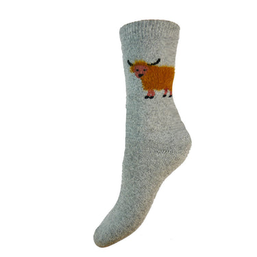 Thick wool blend grey socks with fluffy Highland Cows