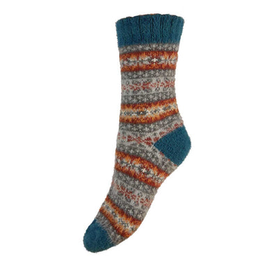 Knitted sock with multicolor pattern on a white background