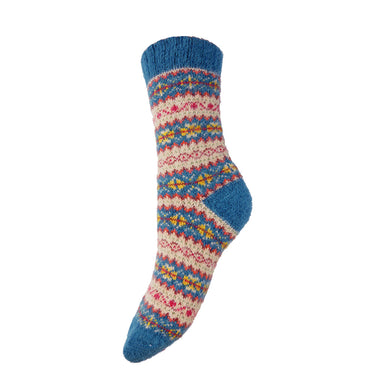 Teal, fawn and yellow Scandi patterned soft Wool Blend socks